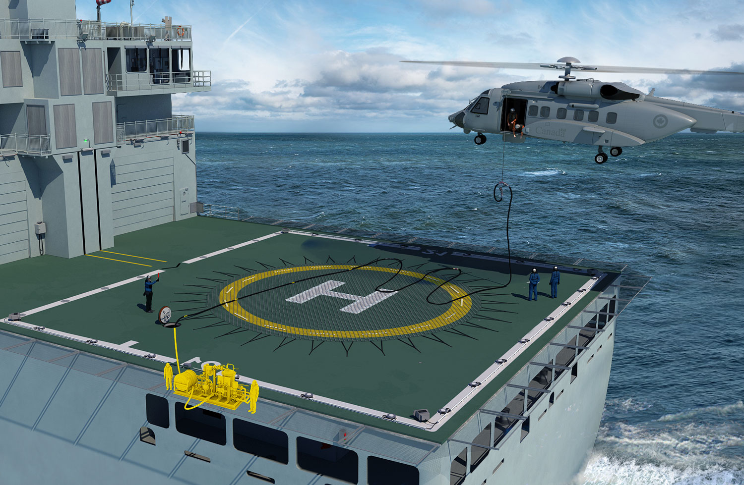 Digital rendering of a helicopter landing on a battle ship.