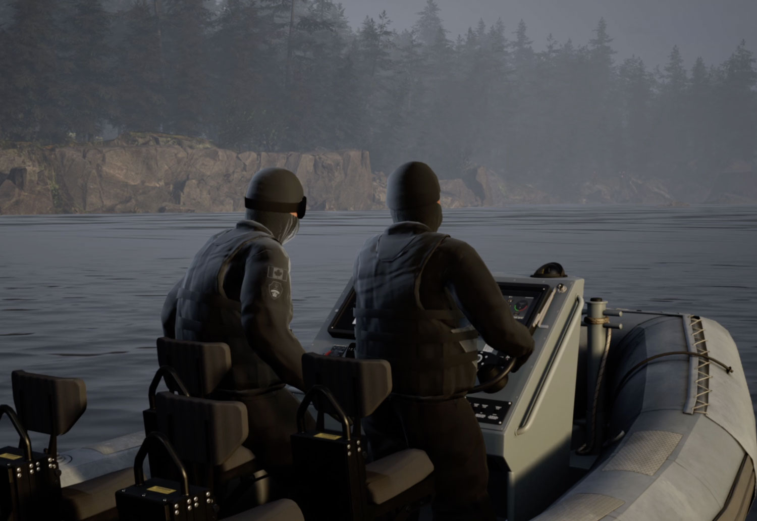 Two soldiers in a motor boat.